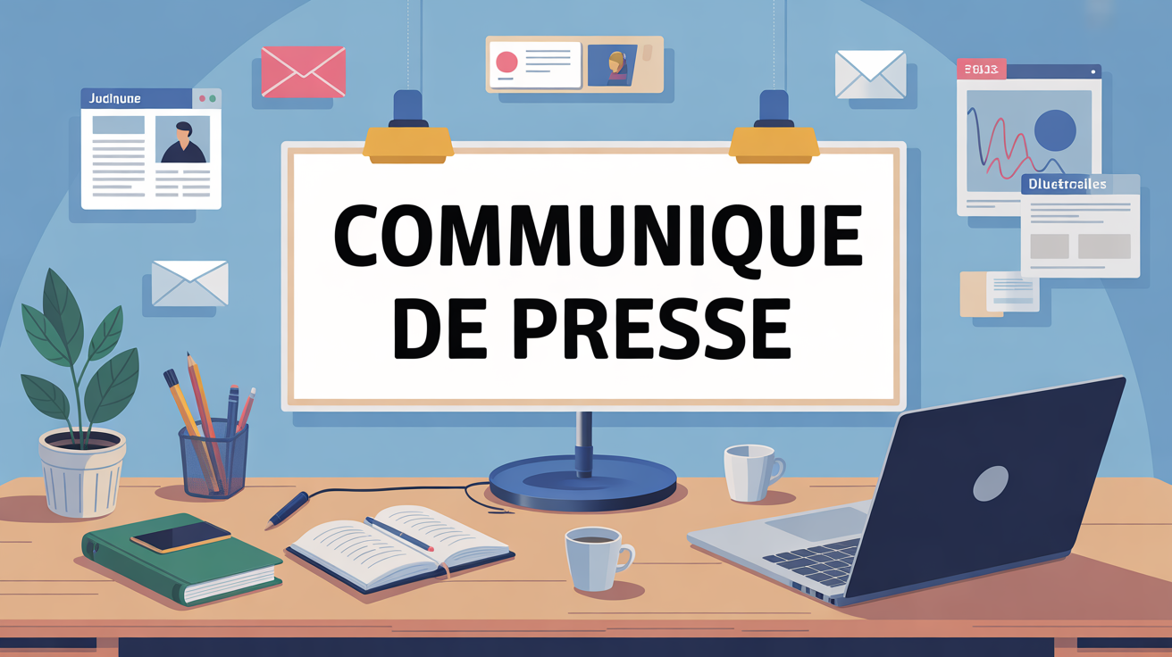 Illustration bureau moderne avec feuille centrale portant communiqué de presse