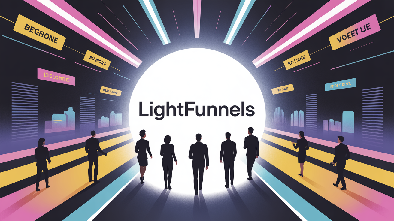Illustration digitale tunnel LightFunnels, silhouettes, ambiance dynamique