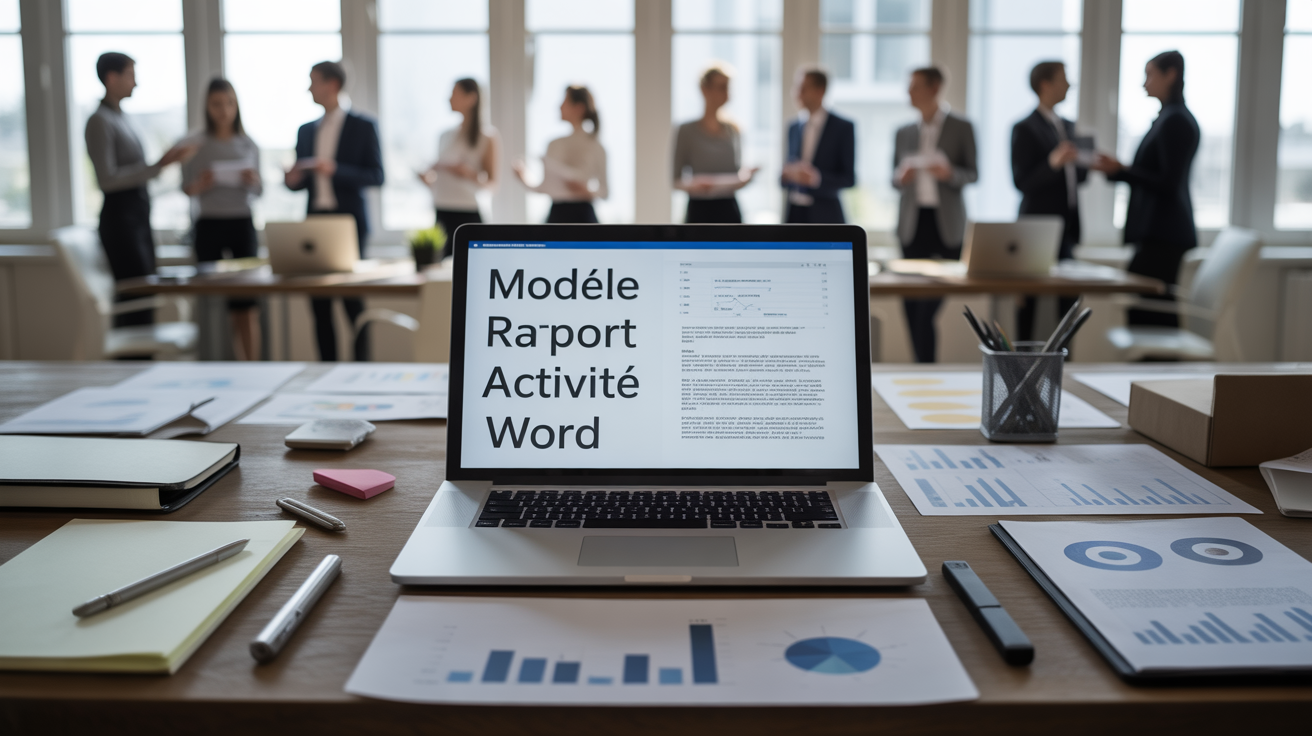Modele rapport activite Word affiche sur ordinateur portable
