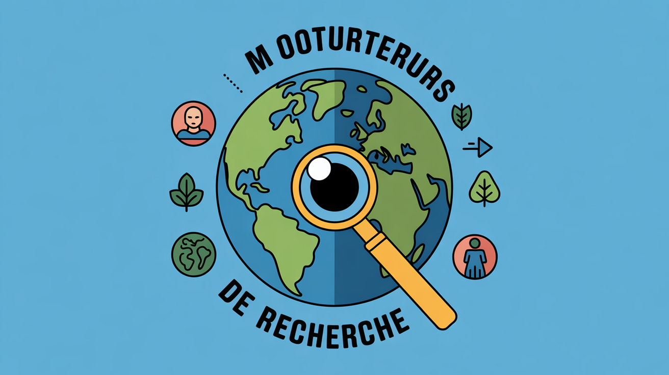 Illustration colorée d'un globe et pictogrammes moteurs de recherche