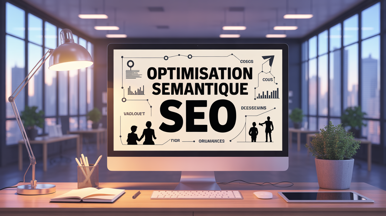 Bureau moderne avec optimisation semantique SEO sur ecran