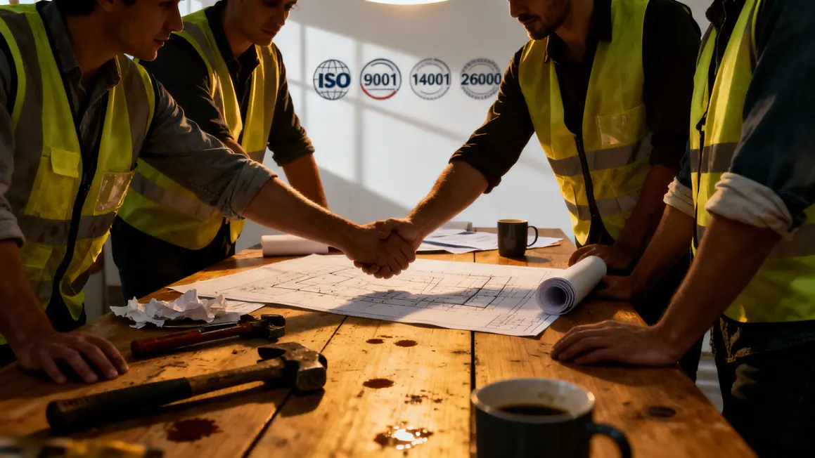 Equipe Loxam en réunion collaborant, affichant certifications ISO