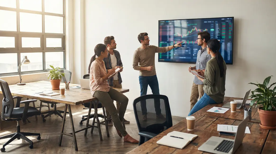 Equipe de managers autour d'un dashboard digital de gestion financière