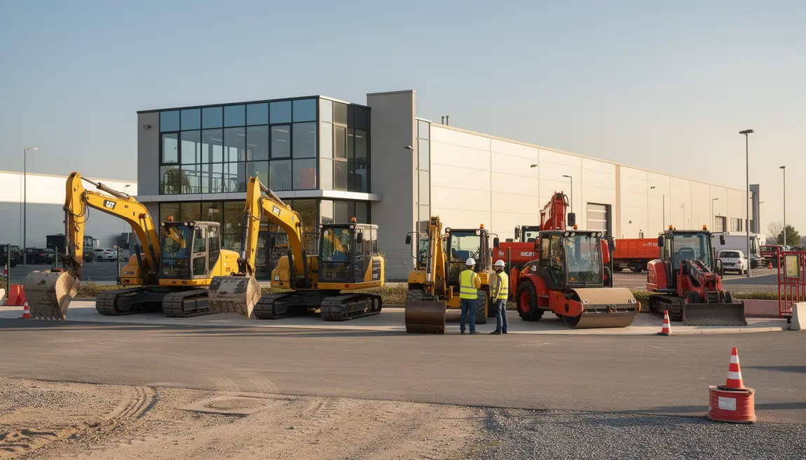 Loxam agence avec engins de chantier modernes alignés