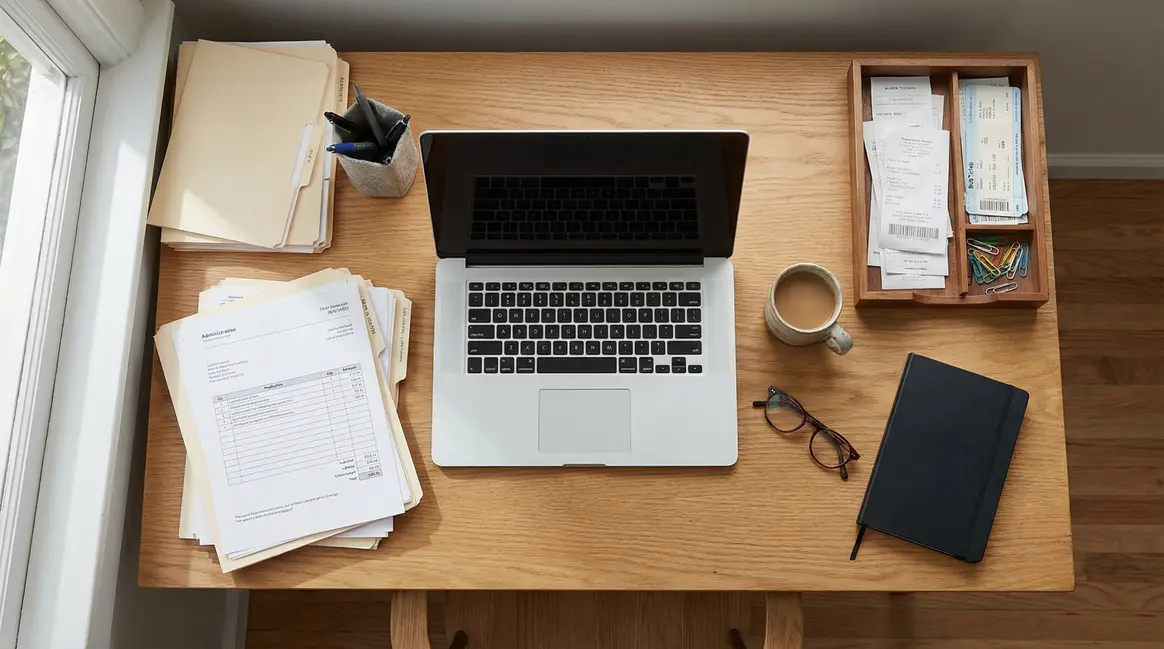 Poste de travail moderne organisé avec modèle de note de frais gratuit conforme