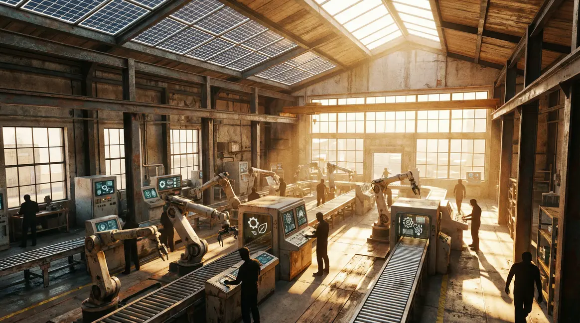 Vue d'une usine moderne automatisée productive et durable