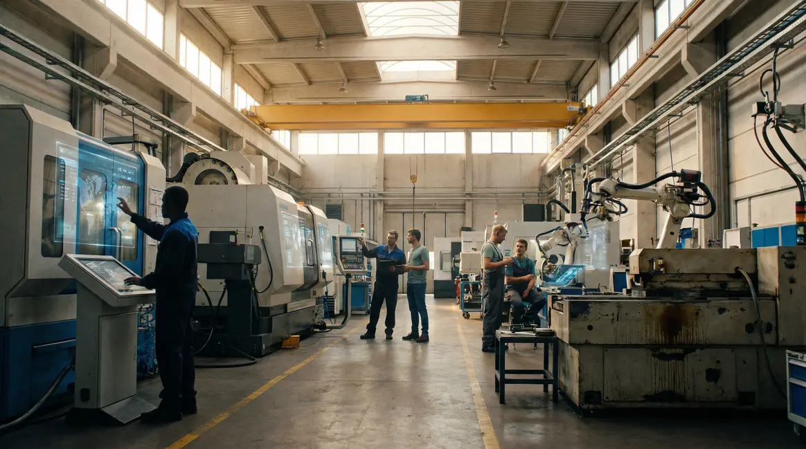 Usine moderne avec machines connectées et techniciens Industrie 4.0