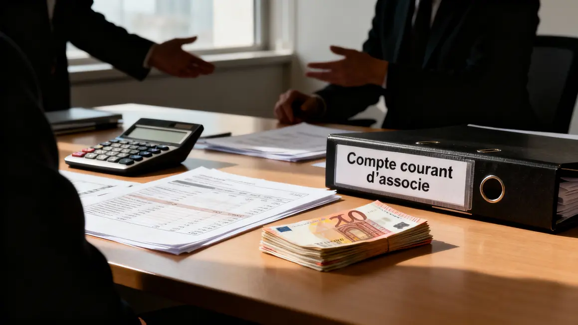 bureau avec dossier compte courant d'associe, calculs, associes