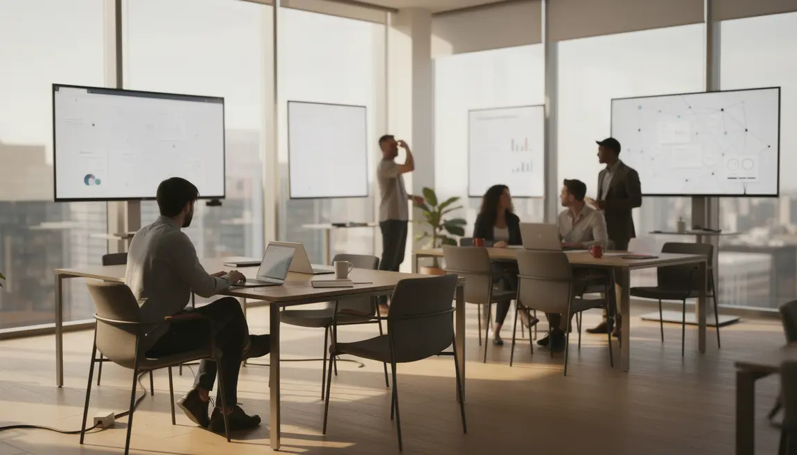 Espace coworking moderne, entrepreneurs discutant, ambiance dynamique