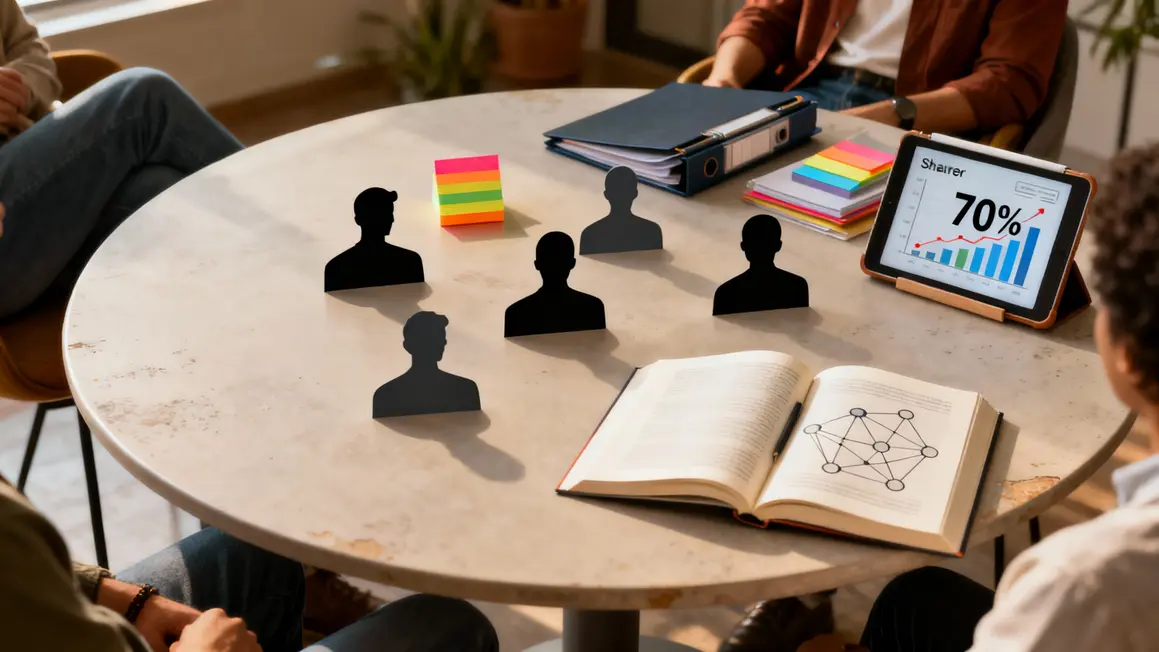 Table ronde, graphe 70%, post-it, livre sur reseautage