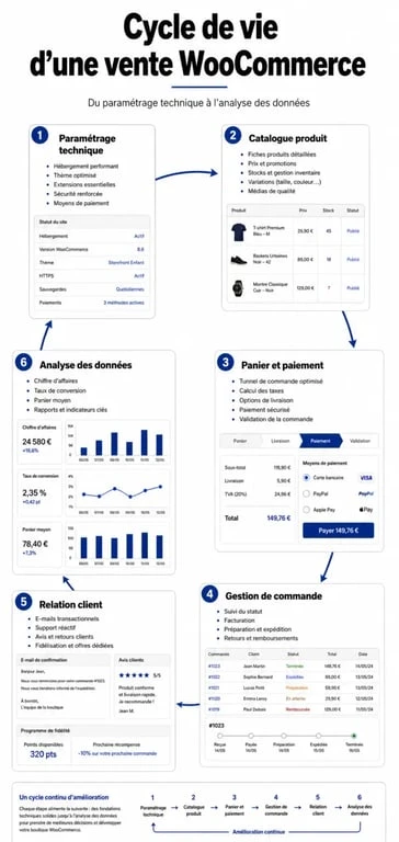Infographie illustrant le cycle de vie d'une vente en ligne avec une formation WooCommerce