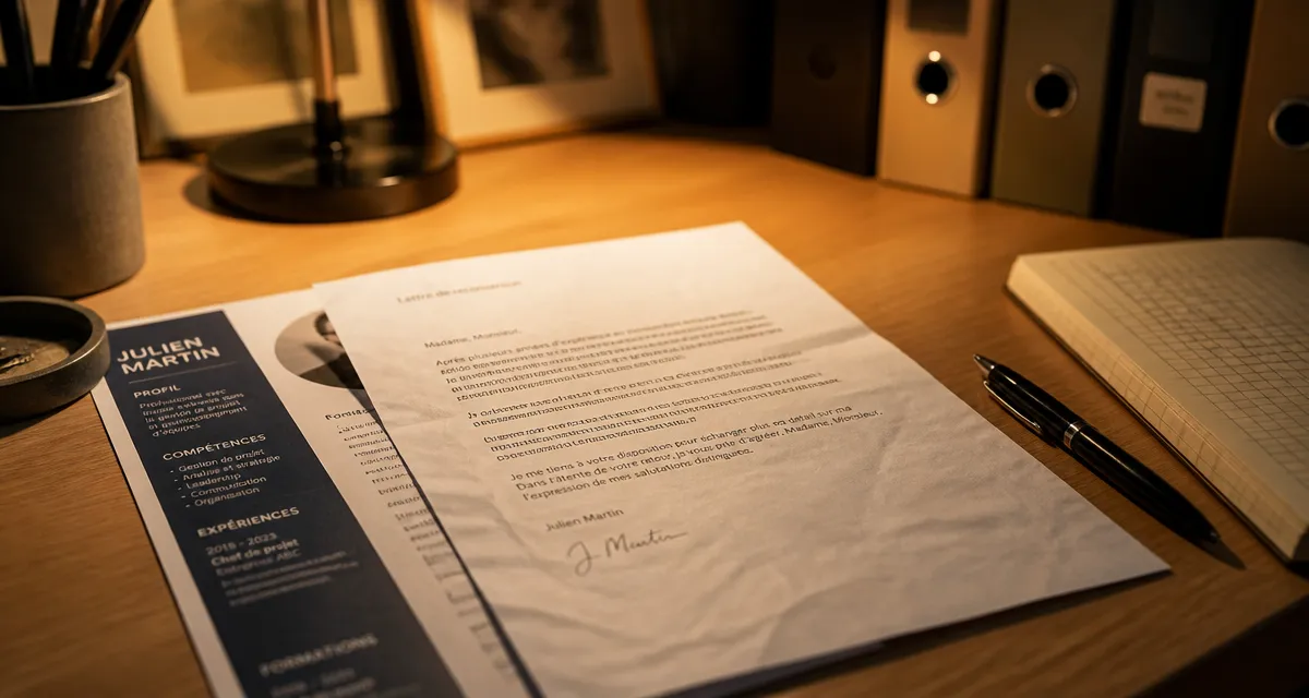 Reconversion lettre de motivation : lettre sur bureau avec CV