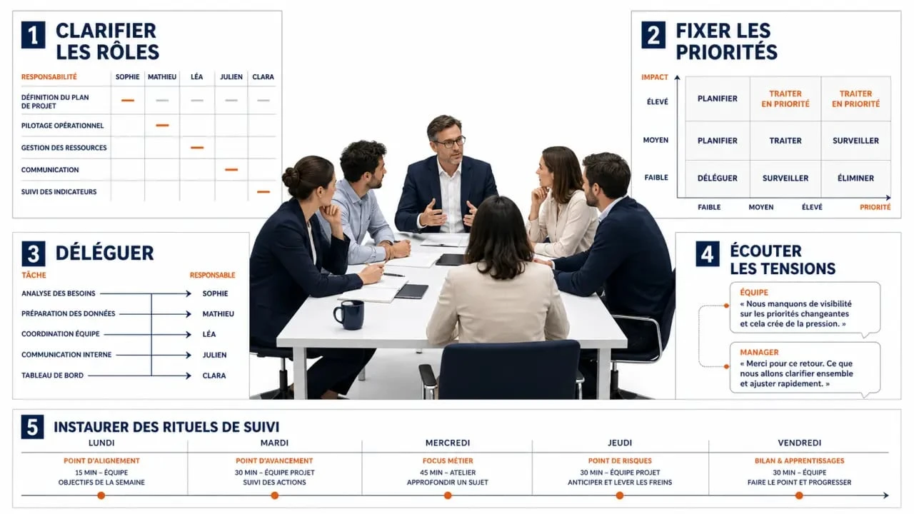 Encadrer équipe : illustration éditoriale des étapes clés du management d’équipe