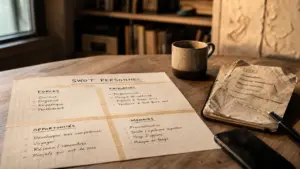 SWOT personnel : tableau forces et faiblesses sur papier