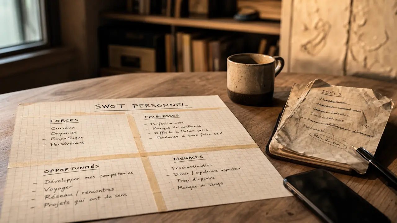 SWOT personnel : tableau forces et faiblesses sur papier