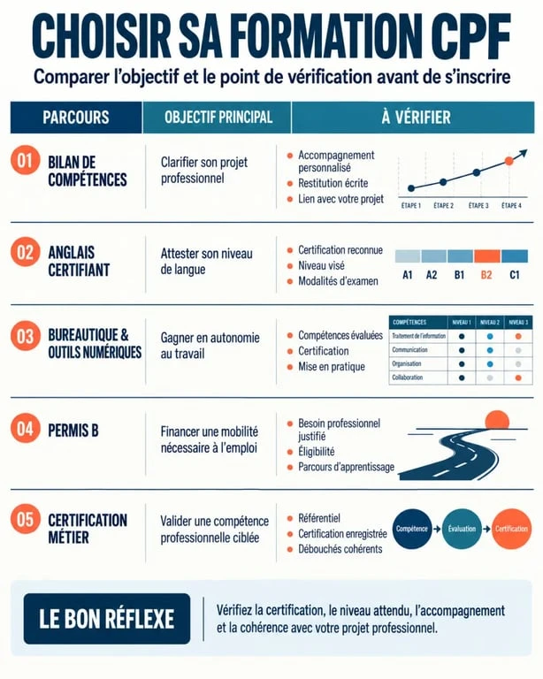 Infographie pour choisir la meilleur formation CPF selon son objectif professionnel
