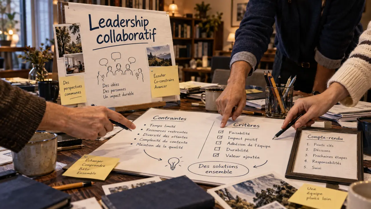 Leadership collaboratif : équipe partage des décisions, responsabilités claires sur tableau blanc.